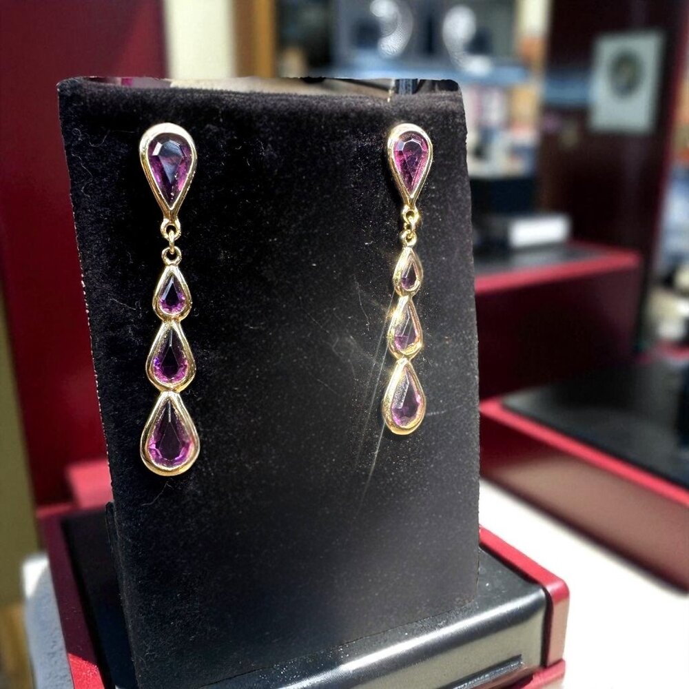 Monet Amethyst Quadruple  Teardrop Dangle Earrings With Gold Setting Vintage - Picture 8 of 11
